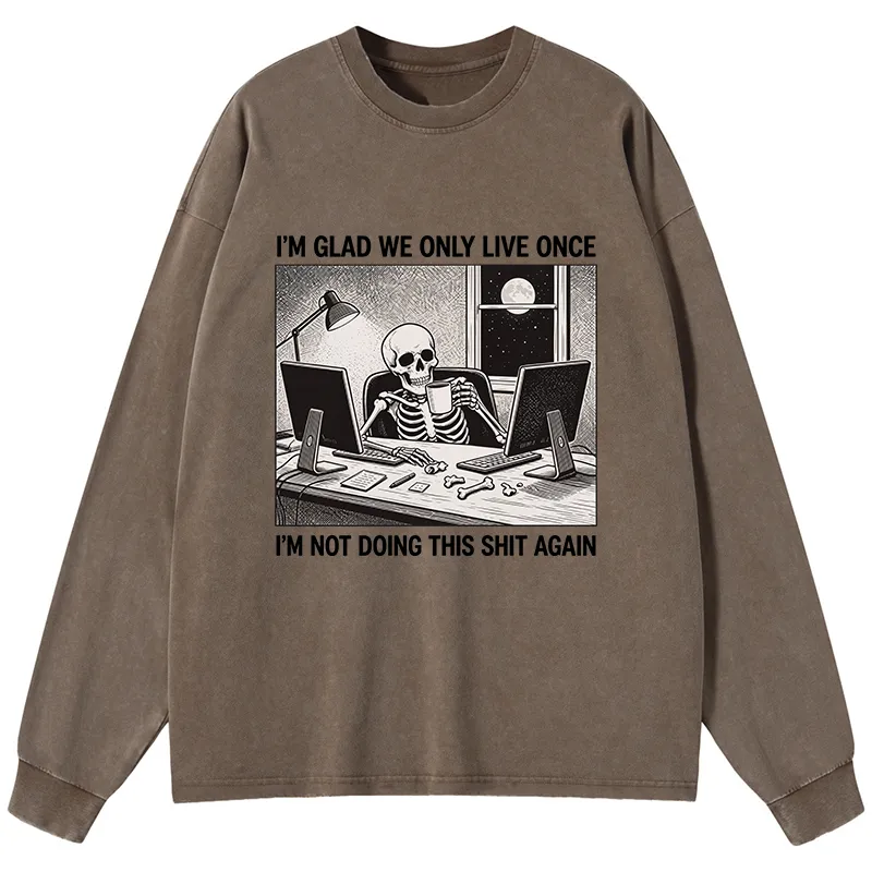 Tokyo-Tiger Funny Skeleton Coffee Break Meme Washed Long Sleeve T-Shirt