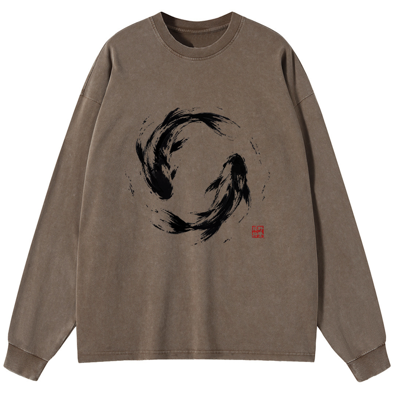 Tokyo-Tiger Ink Koi Fish Circle Washed Long Sleeve T-Shirt