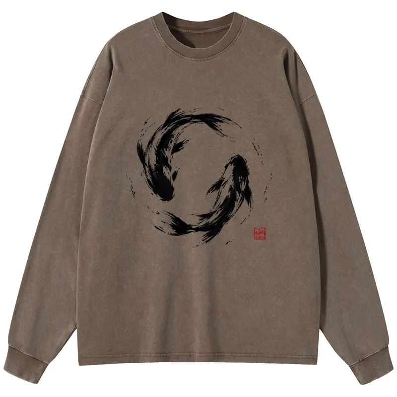 Tokyo-Tiger Ink Koi Fish Circle Washed Long Sleeve T-Shirt
