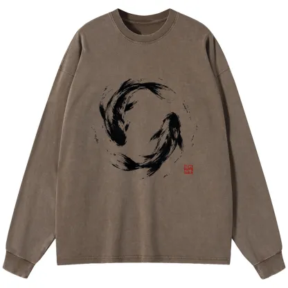 Tokyo-Tiger Ink Koi Fish Circle Washed Long Sleeve T-Shirt