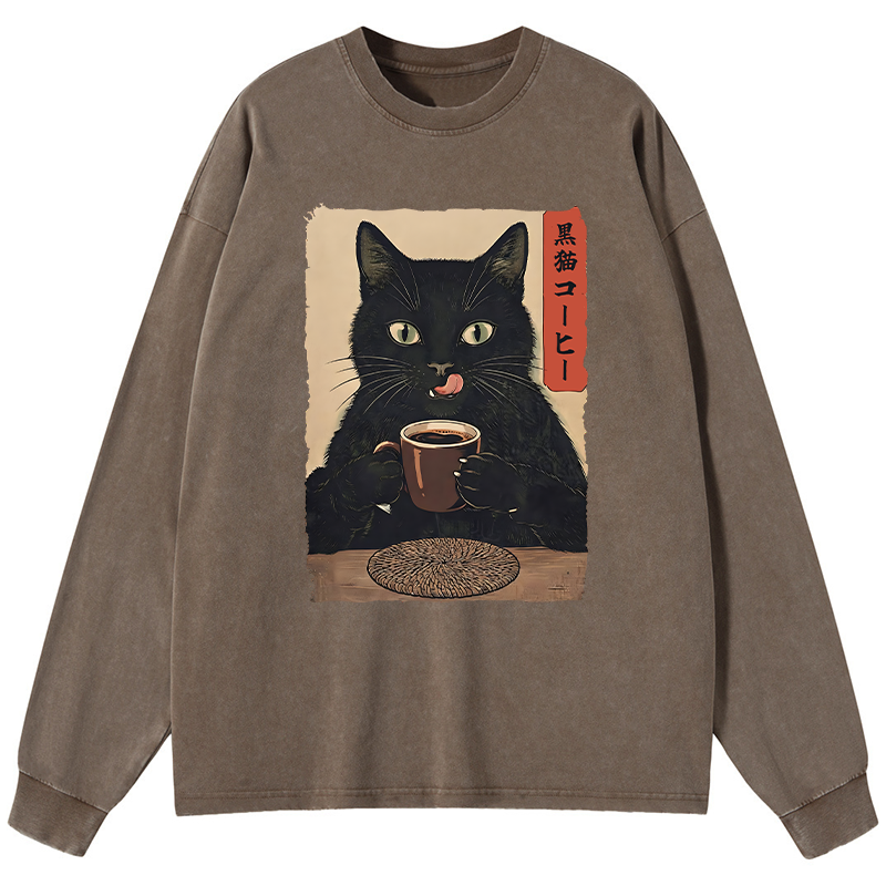 Tokyo-Tiger Vintage Black Cat Coffee Art Washed Long Sleeve T-Shirt