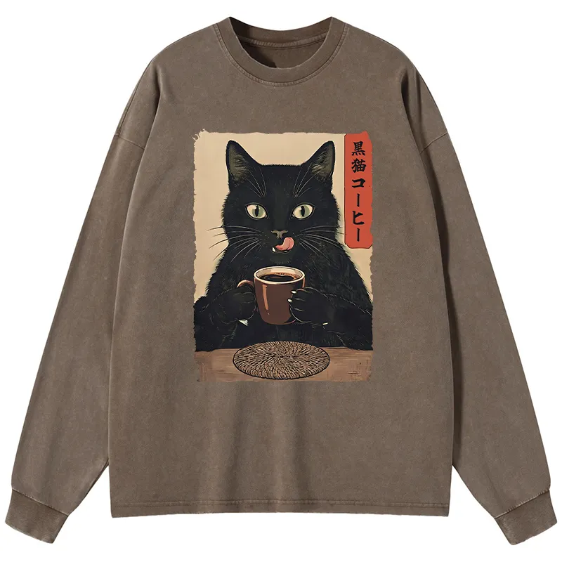 Tokyo-Tiger Vintage Black Cat Coffee Art Washed Long Sleeve T-Shirt