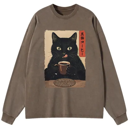 Tokyo-Tiger Vintage Black Cat Coffee Art Washed Long Sleeve T-Shirt