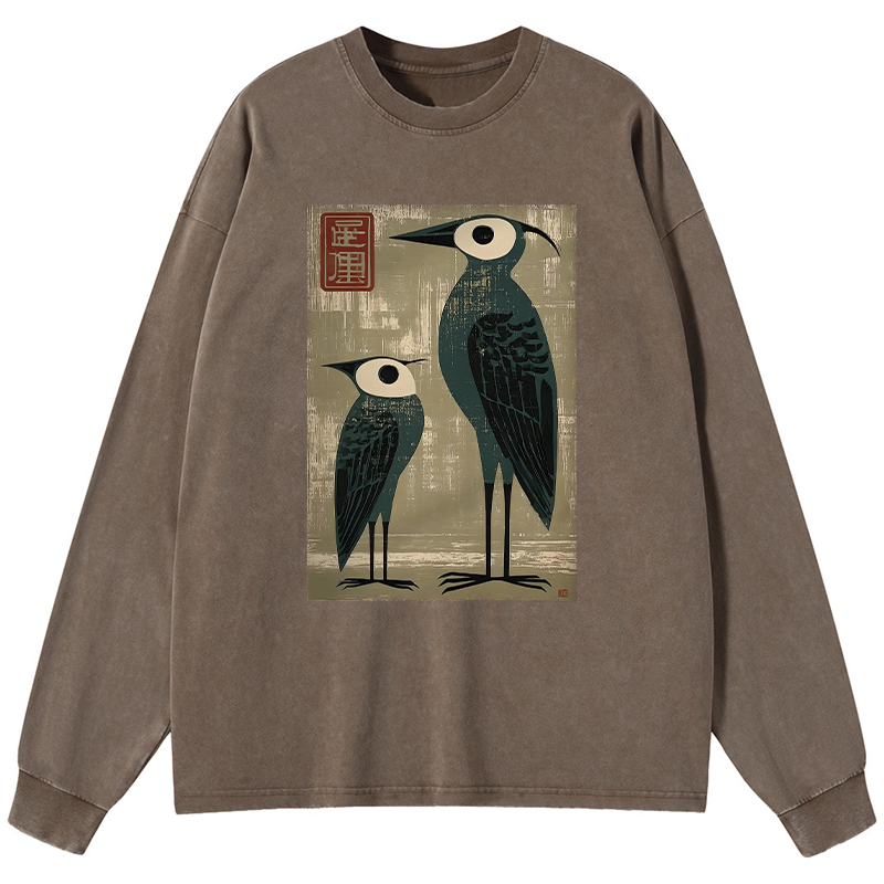 Tokyo-Tiger Retro Two Birds Art Washed Long Sleeve T-Shirt