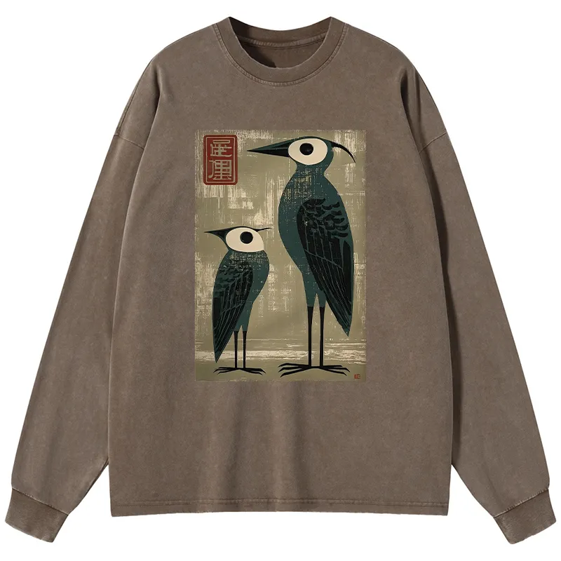 Tokyo-Tiger Retro Two Birds Art Washed Long Sleeve T-Shirt