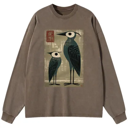 Tokyo-Tiger Retro Two Birds Art Washed Long Sleeve T-Shirt