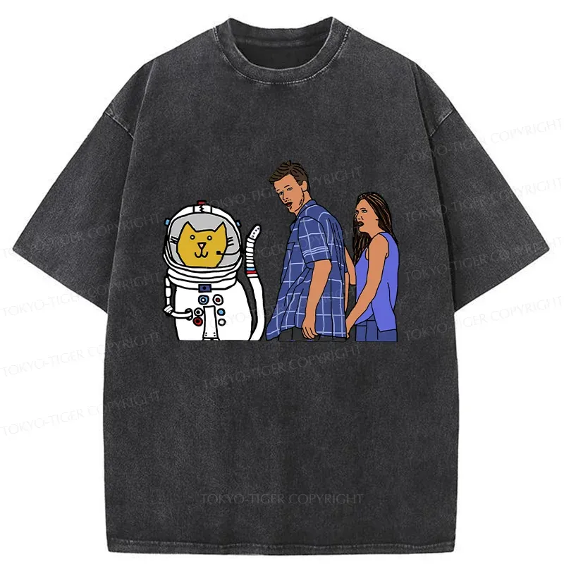 Tokyo-Tiger Funny Astronaut Cat Washed T-Shirt