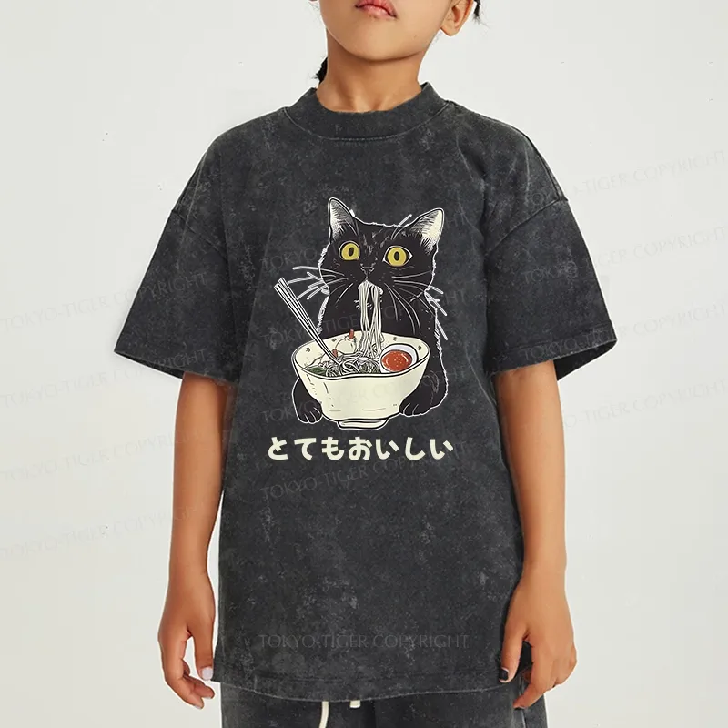 Tokyo-Tiger Cats Eat Ramen Noodles Kids Washed T-Shirt