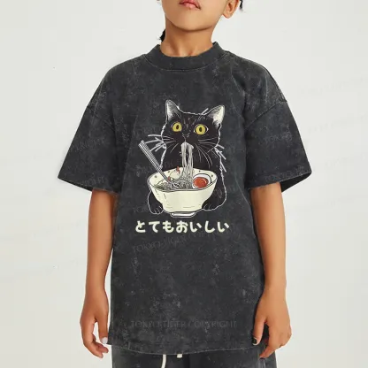 Tokyo-Tiger Cats Eat Ramen Noodles Kids Washed T-Shirt