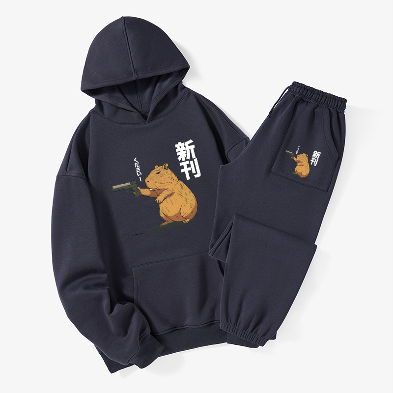 Tokyo-Tiger Capybara Holding A Gun Fleece Lined Hoodie Set