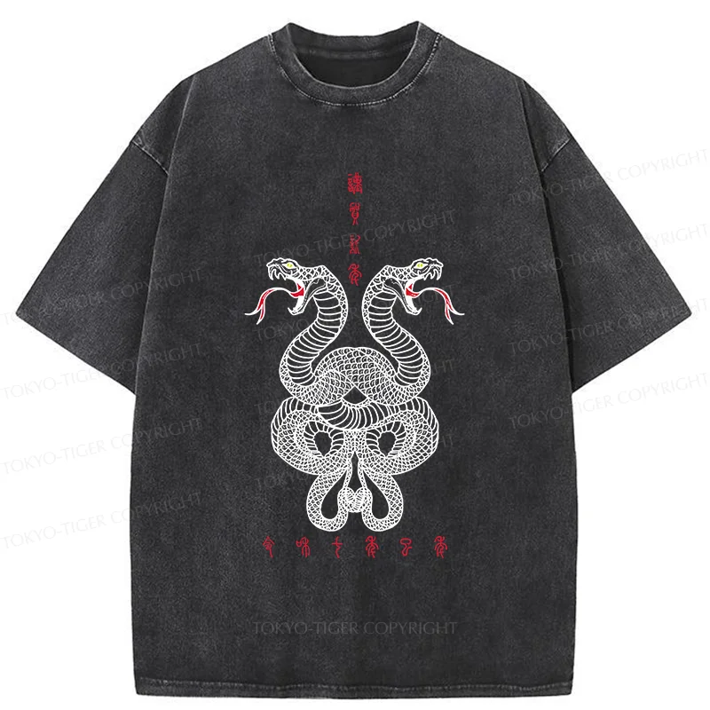 Tokyo-Tiger Double Snakes Encircling Washed T-Shirt