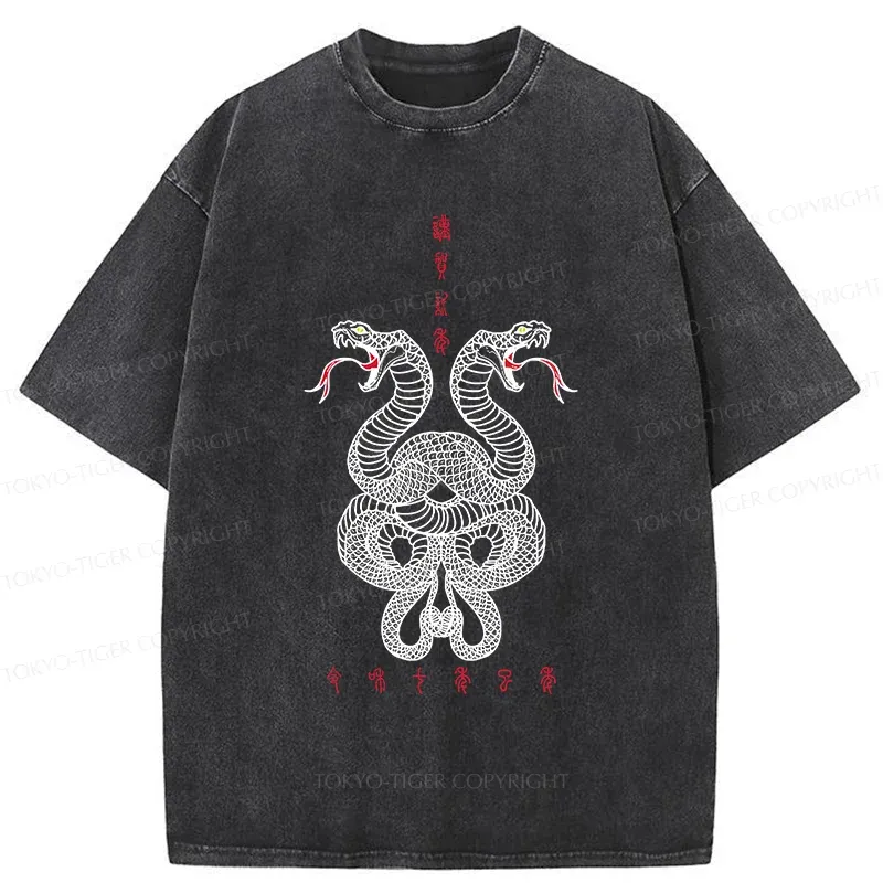 Tokyo-Tiger Double Snakes Encircling Washed T-Shirt