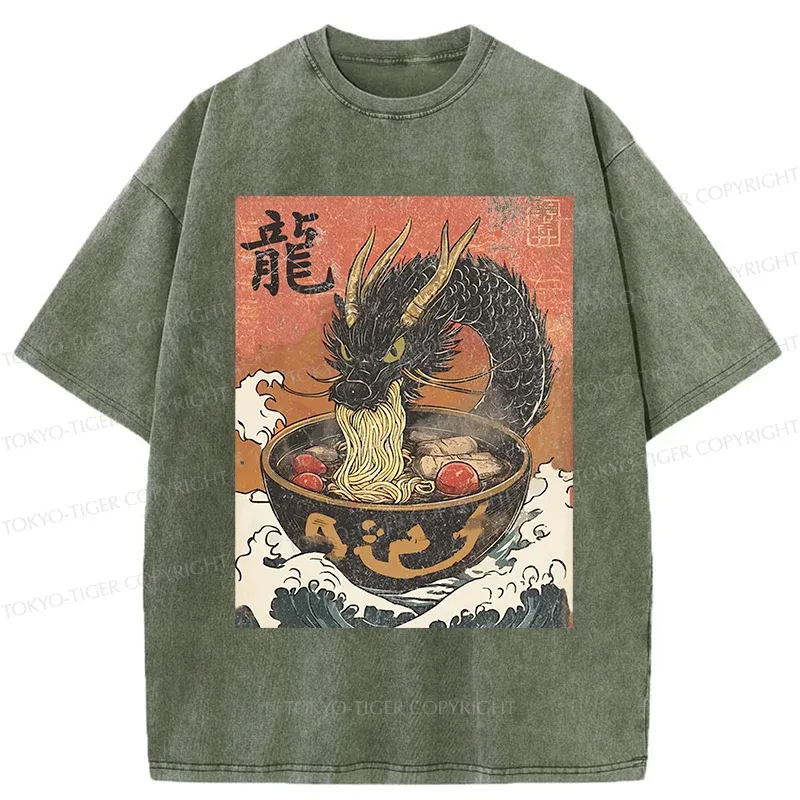 Tokyo-Tiger Dragon Eating Delicious Ramen Washed T-Shirt