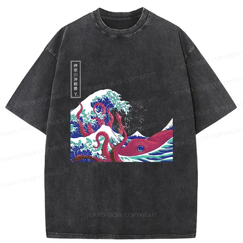 Tokyo-Tiger Octopus And Waves Washed T-Shirt