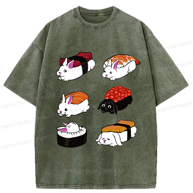 Tokyo-Tiger Cute Rabbit Sushi Washed T-Shirt