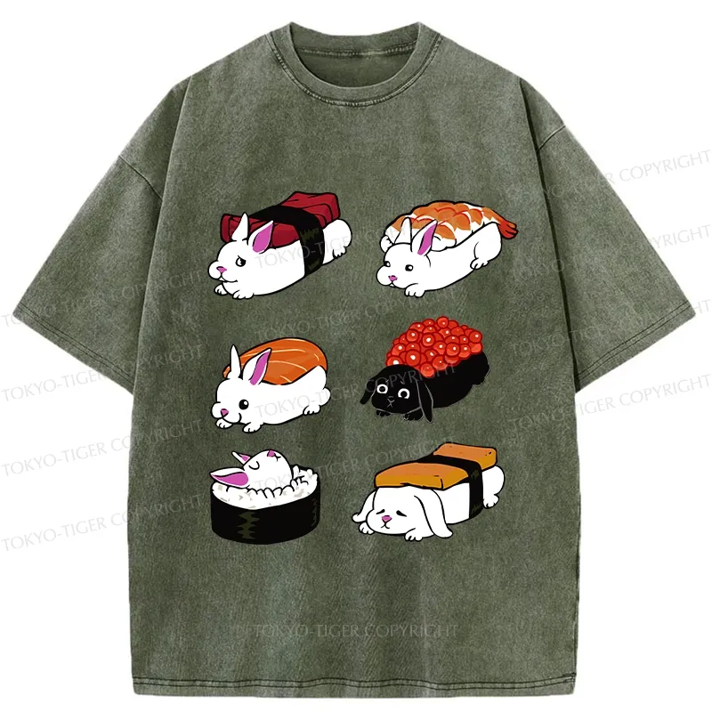 Tokyo-Tiger Cute Rabbit Sushi Washed T-Shirt Sale