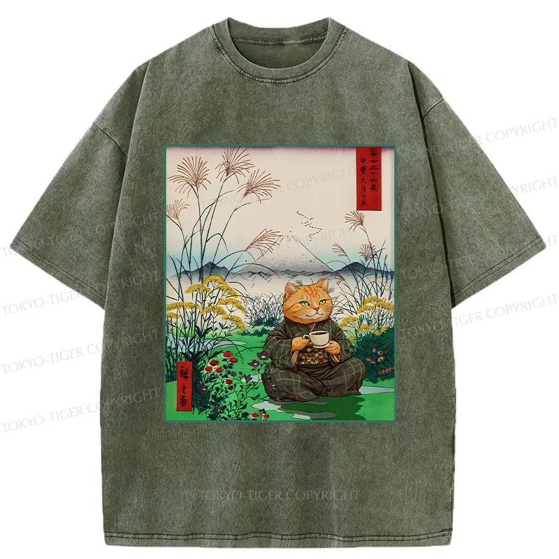 Tokyo-Tiger Cozy Cat Drinking Coffee Washed T-Shirt