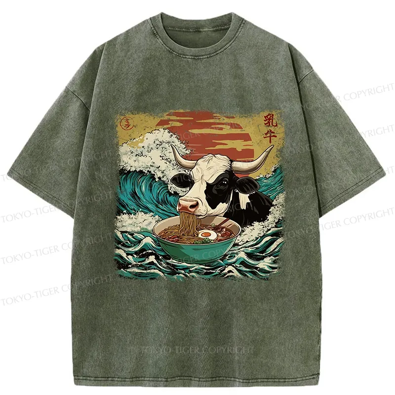 Tokyo-Tiger Ramen Lover Cow Washed T-Shirt
