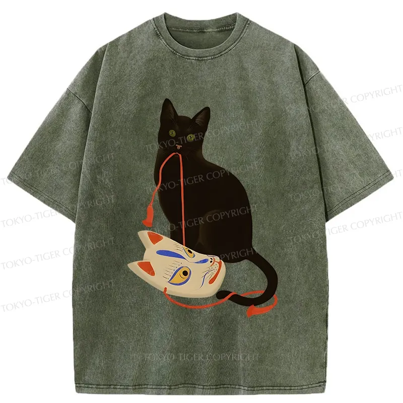 Tokyo-Tiger Cat Holding A Fox Mask Washed T-Shirt