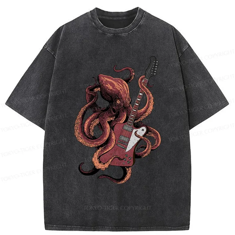 Tokyo-Tiger Octopus Playing Guitar Washed T-Shirt
