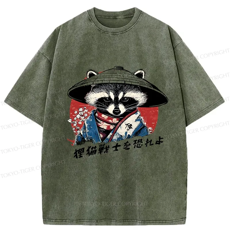 Tokyo-Tiger Japanese Raccoon Samurai Washed T-Shirt Sale
