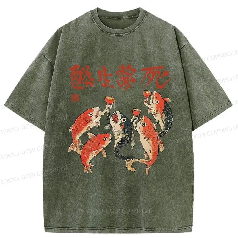 Tokyo-Tiger Funny Fish Drink Together Washed T-Shirt