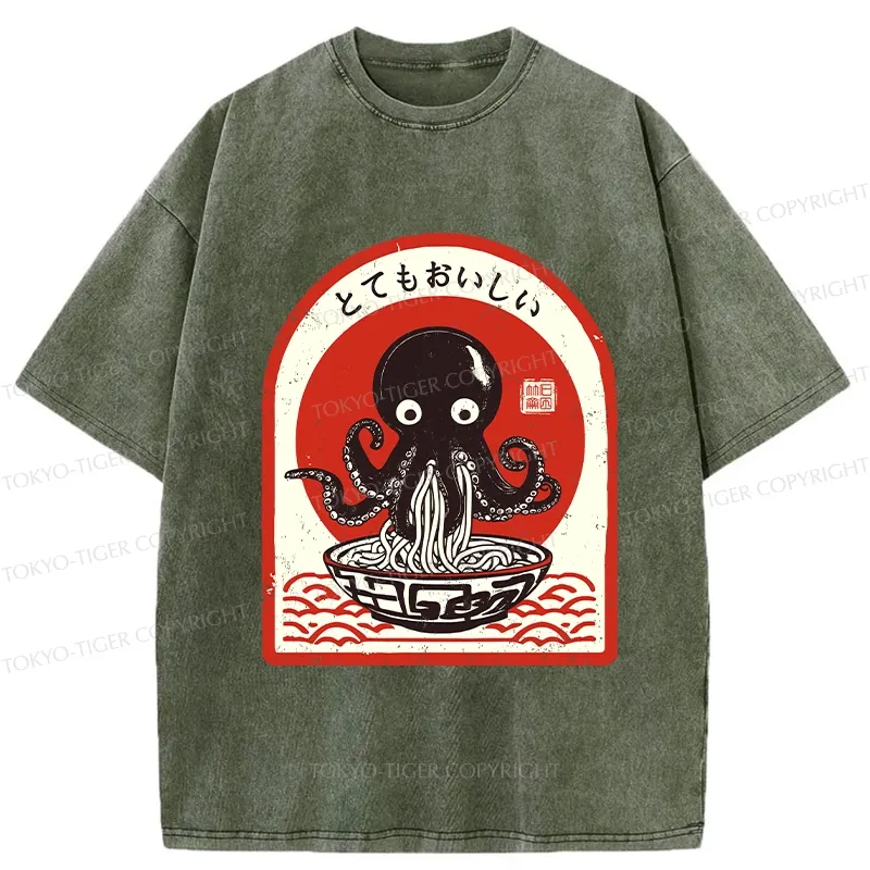 Tokyo-Tiger Ramen Lover Octopus Washed T-Shirt