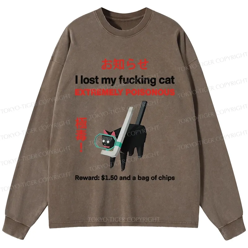 Tokyo-Tiger Find The Toxic Cat Funny Washed Long Sleeve T-Shirt