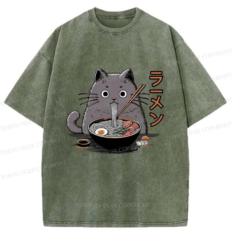Tokyo-Tiger Kawaii Cat Ramen Washed T-Shirt