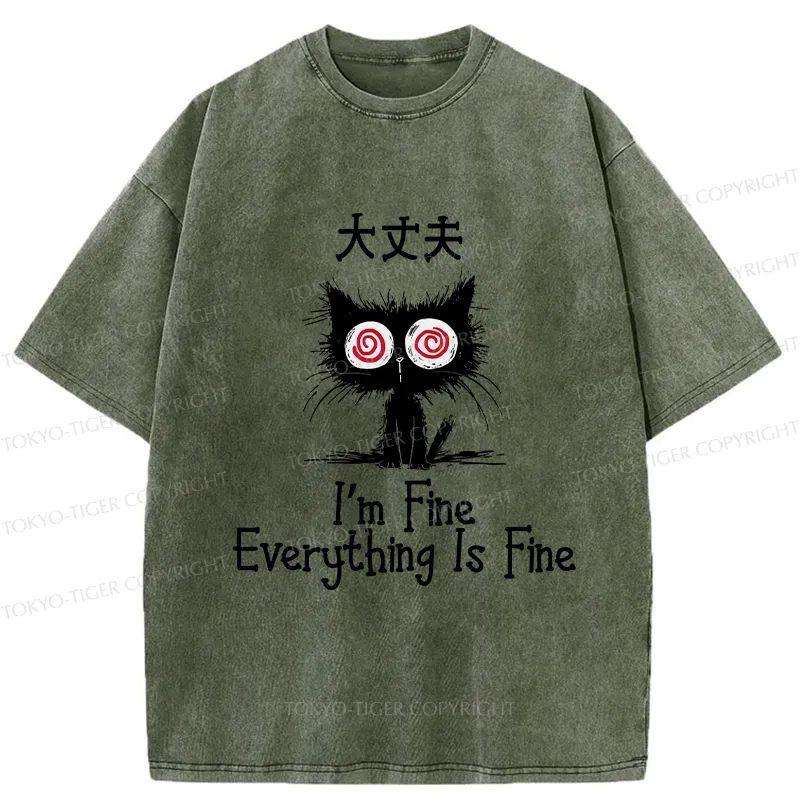 Tokyo-Tiger Everything Is Fine Cat Washed T-Shirt Sale