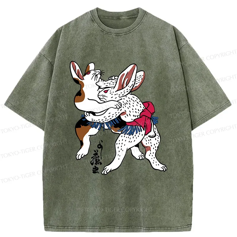 Tokyo-Tiger Rabbits Wrestling Sumo Washed T-Shirt