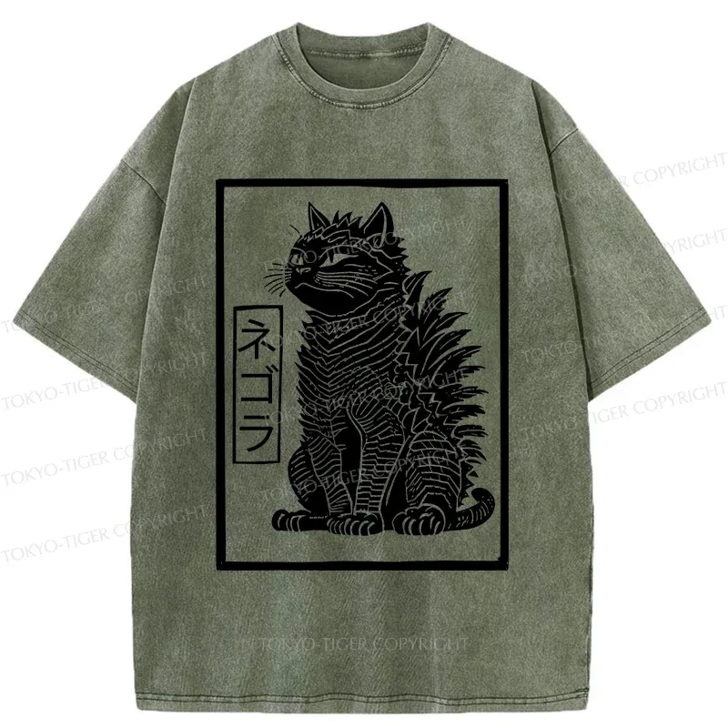 Tokyo-Tiger Fierce Catzilla Funny Washed T-Shirt