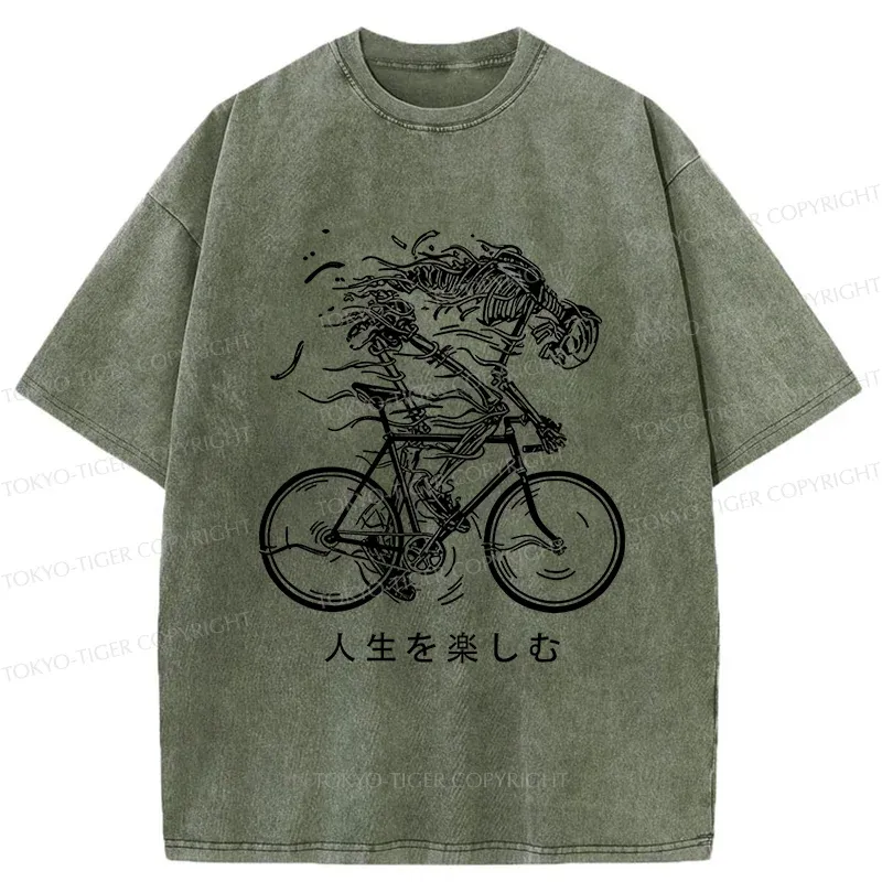 Tokyo-Tiger Skeleton Riding A Bicycle Washed T-Shirt