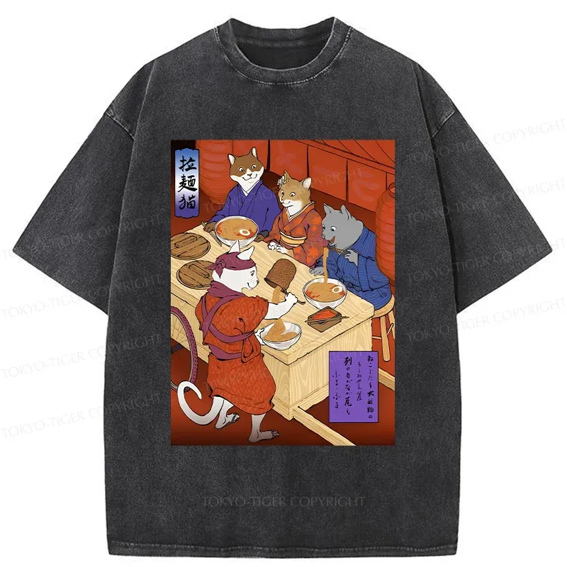 Tokyo-Tiger Cats At Dinner Party Washed T-Shirt