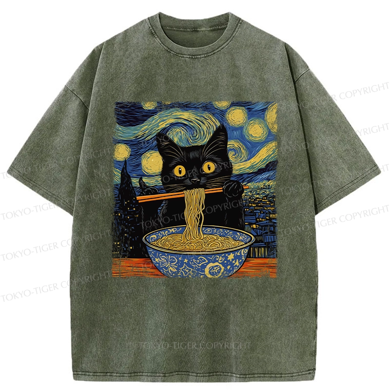 Tokyo-Tiger Cat Ramen Lover Washed T-Shirt