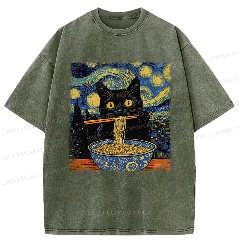 Tokyo-Tiger Cat Ramen Lover Washed T-Shirt Sale