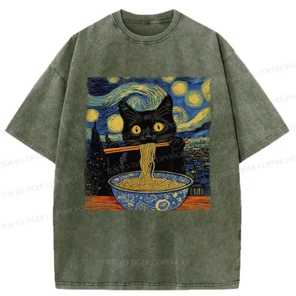 Tokyo-Tiger Cat Ramen Lover Washed T-Shirt
