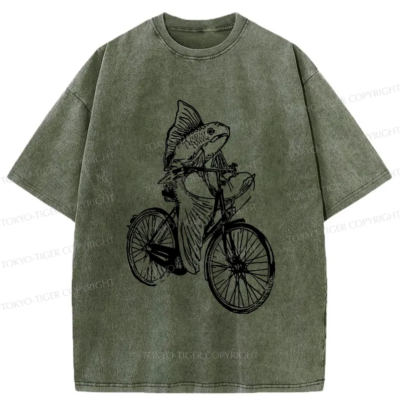 Tokyo-Tiger Funny Fish Riding A Bicycle Washed T-Shirt