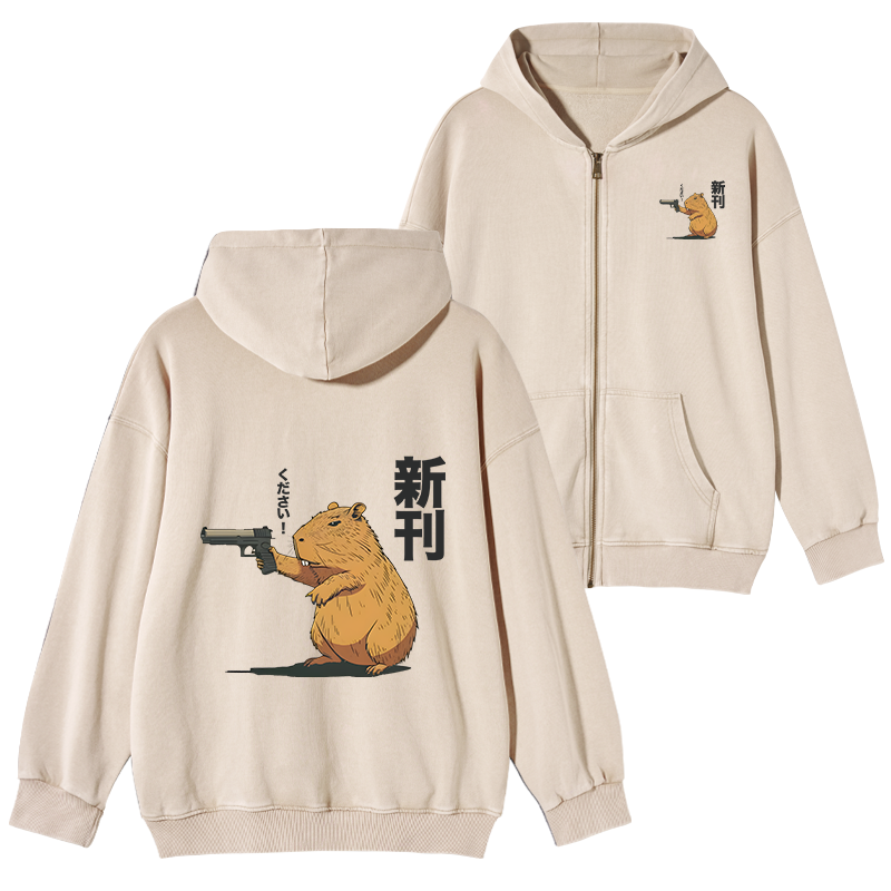 Tokyo-Tiger Capybara Holding A Gun Washed Zip Hoodie