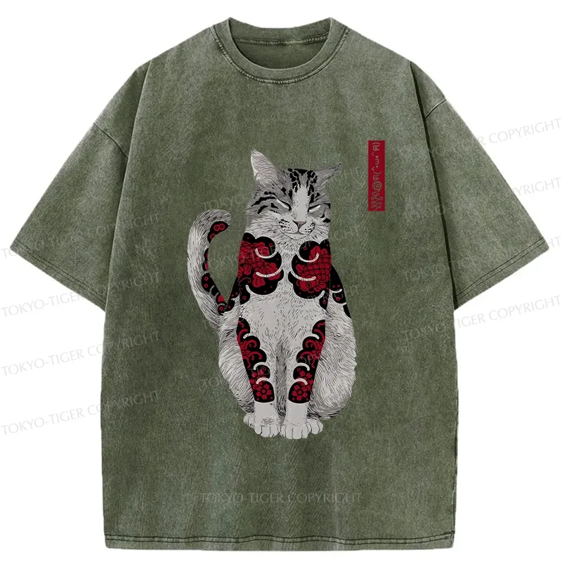 Tokyo-Tiger Tattooed Cat Washed T-Shirt