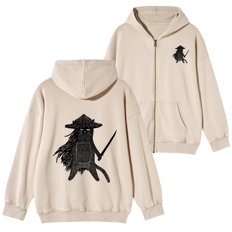 Tokyo-Tiger Japanese Samurai Cat Washed Zip Hoodie