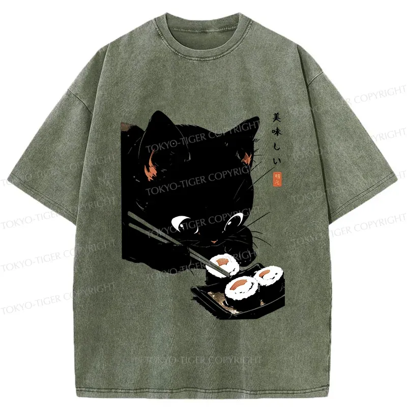 Tokyo-Tiger Cat Eating Rice Balls Washed T-Shirt