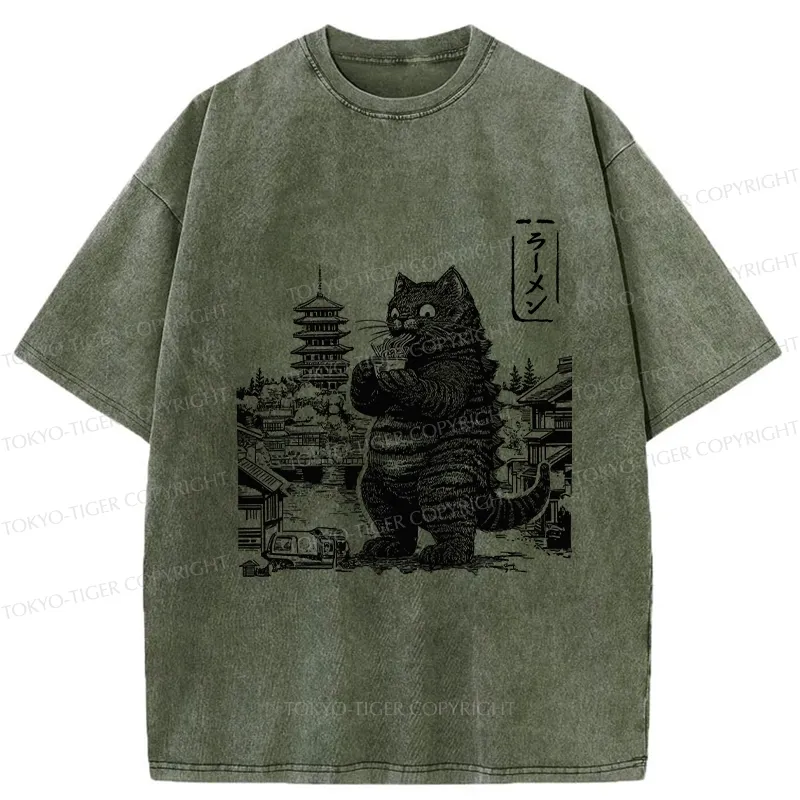 Tokyo-Tiger Ramen Lover Cat Monster Washed T-Shirt