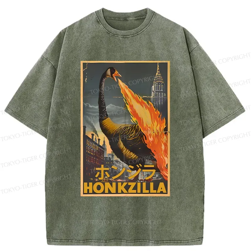 Tokyo-Tiger Funny Honkzilla Washed T-Shirt