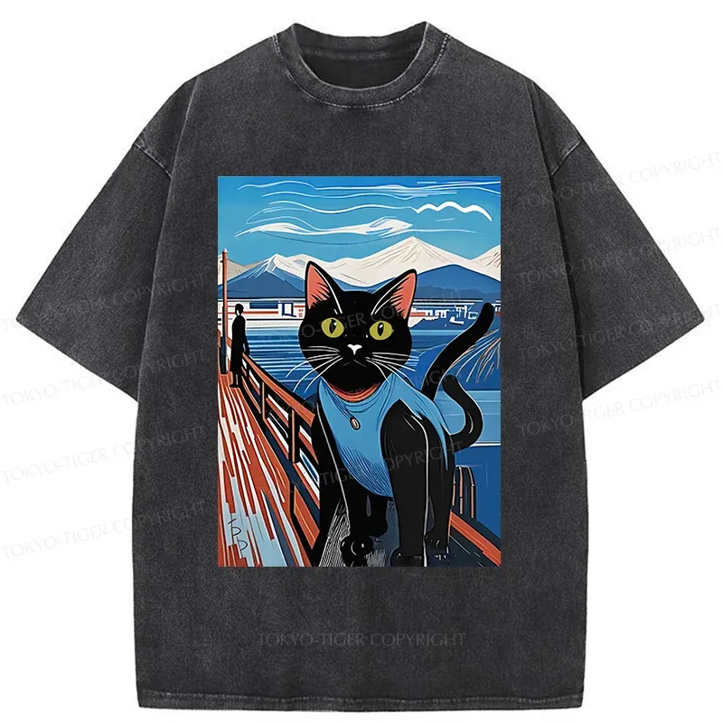 Tokyo-Tiger Cat On The Fence Washed T-Shirt