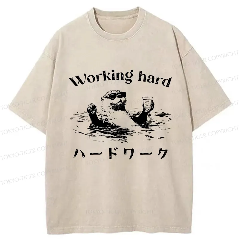 Tokyo-Tiger Funny Working Hard Otter Washed T-Shirt