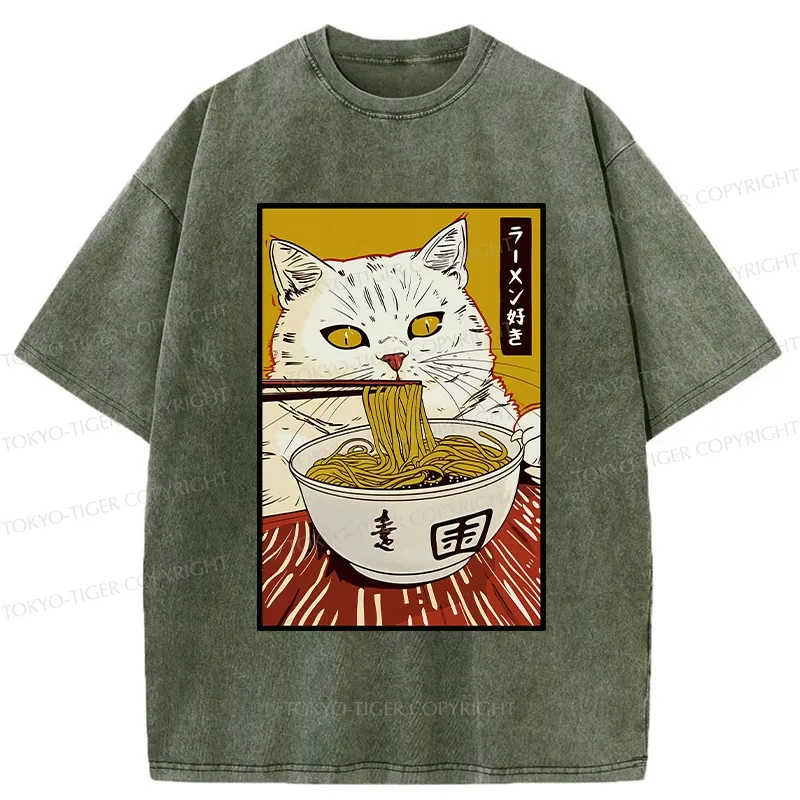 Tokyo-Tiger Cute Cat Ramen Lover Washed T-Shirt Sale