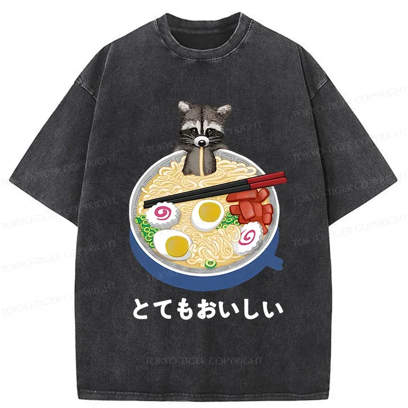 Tokyo-Tiger Raccoon Eating Ramen Washed T-Shirt