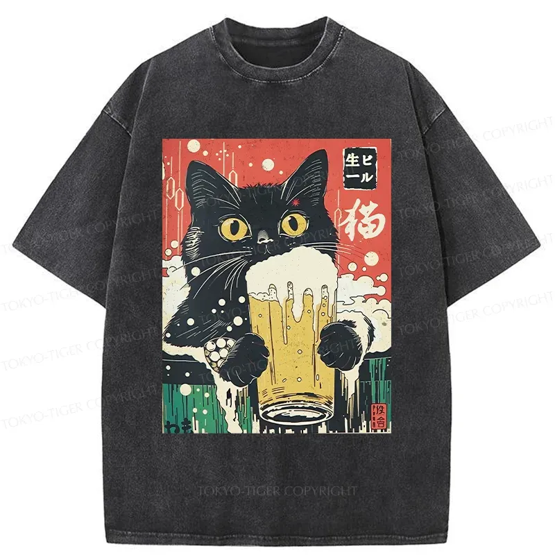 Tokyo-Tiger Cat Drinking Beer Funny Washed T-Shirt