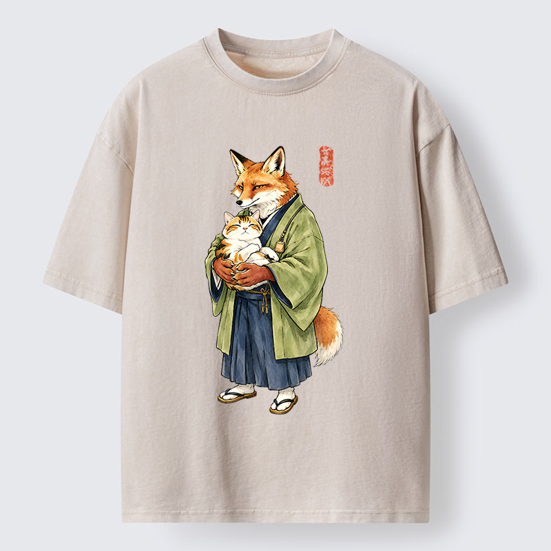 Tokyo‑Tiger Kimono Fox Holding Cat Washed T‑Shirt